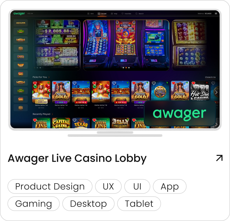 Awager Live Casino Lobby: Product Design, UX, UI, App, Gaming, Desktop, Tablet