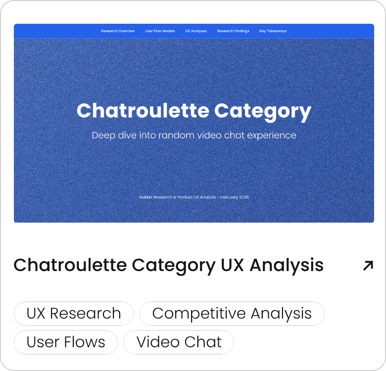 Chatroulette Category UX Analysis: UX Research, Competitive Analysis, User Flows, Video Chat