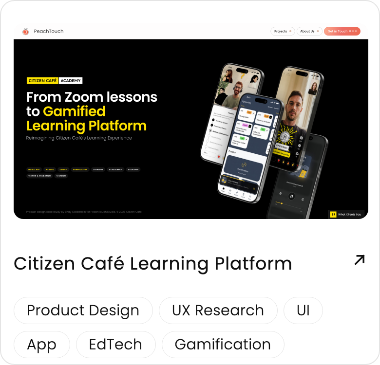Citizen Café Learning Platform: Product Design, UX Research, UI, App, EdTech, Gamification